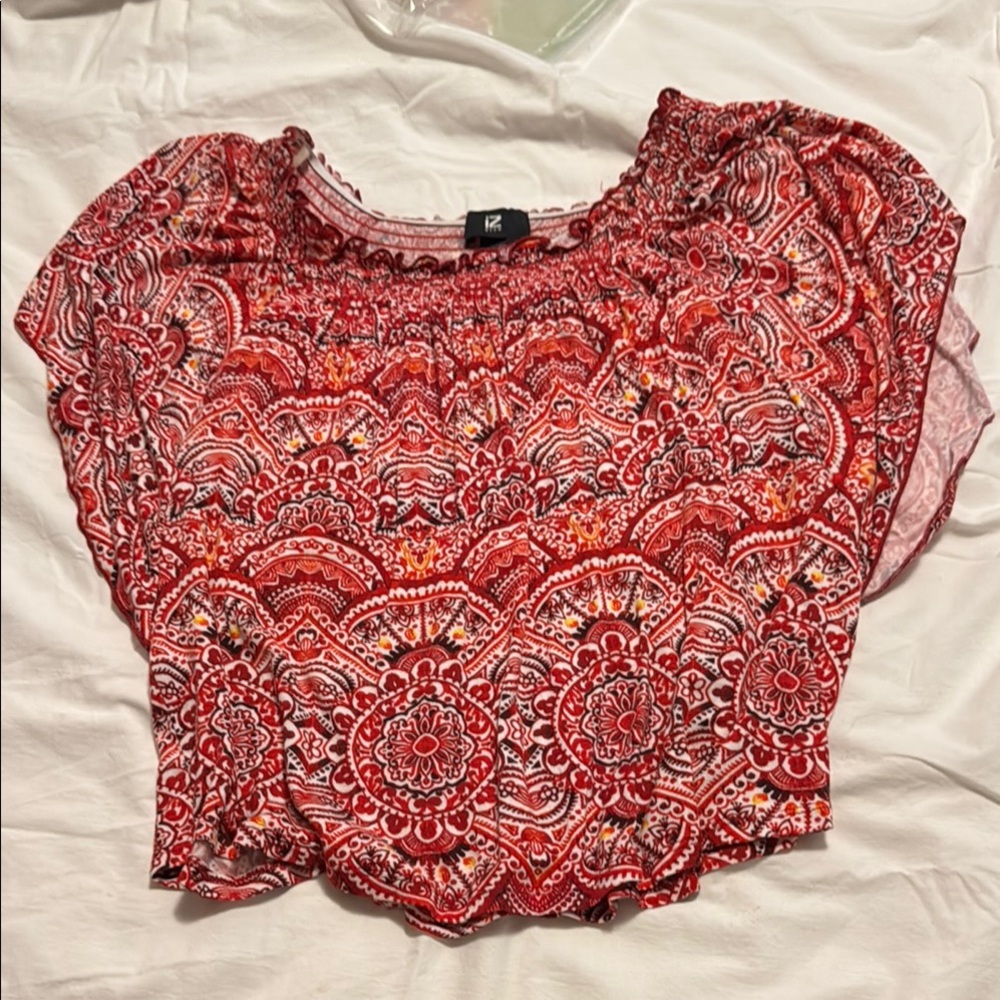 Red and White Smocked Ruffled Blouse